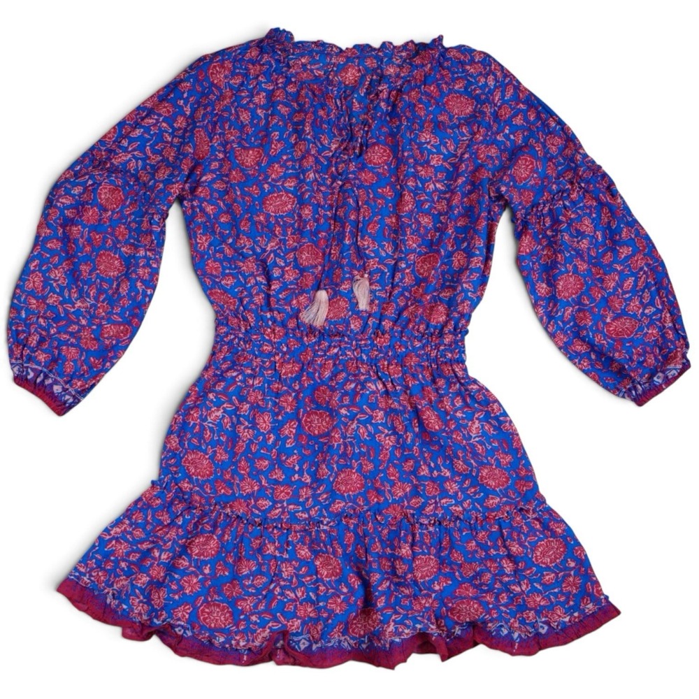 Natalie Martin Maggie Mini Dress Small Blue Red Floral Tassel Boho